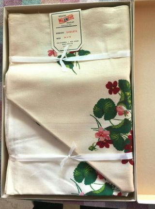 Vintage Wilendur " Violets " Printed Tablecloth & 6 Napkins