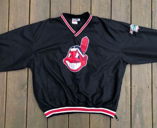 Vtg.  Cleveland Indians Huge Chief Wahoo Jacobs Field Pullover Jacket Black Xl