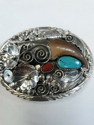 Vintage Sterling Silver Navajo Buckle Turquoise,  Coral,  And Tiger Eye Stones