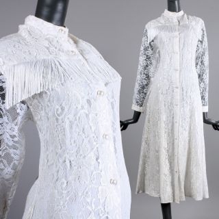 S/m Vintage 1980s White Lace Dress Fringe Western Corset Lace Wedding Pocket 80s