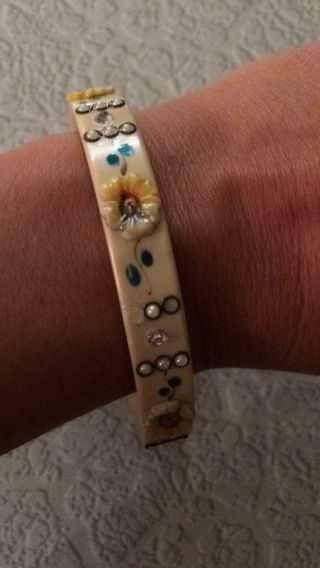 Vintage Art Deco Celluloid Rhinestones Flowers Bracelet Bangle Sparkly