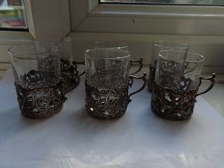 SET of SIX ORNATE ANTIQUE ROCOCO LONDON 1900 H/M SILVER GLASS HOLDERS & GLASSES 2