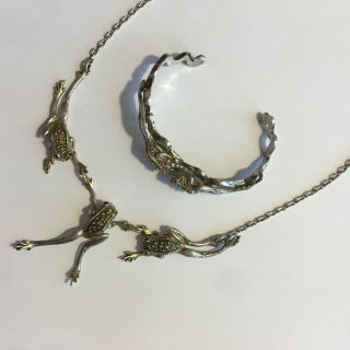 Vintage Sterling Silver Signed Frog Necklace W/matching Cuff Bracelet Heavy Set