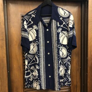 Vintage 1940’s “royal Palm” Nautical Pattern Rayon Hawaiian Shirt - M