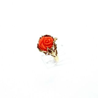 Vintage 10k Yellow Gold Carved Pink Coral Floral Ring With Florentine Finish