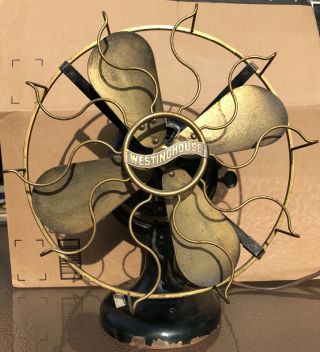 12” Westinghouse Antique Electric Brass Blade And Cage Tank Fan,  1909 - 1910