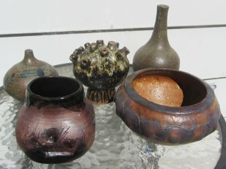Five Vintage 50s 60s Signed Mid Century Modern Studio Art Pottery Vases Mcm