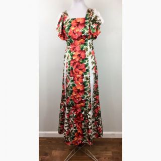 Vintage 70s Hawaiian Maxi Dress Floral Hibiscus Tropical Print Flutter Sleeves