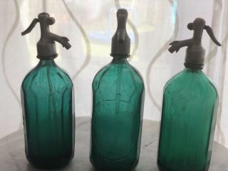 3 Vintage Antiques Green Glass Seltzer Bottles With One Basket Sibiu