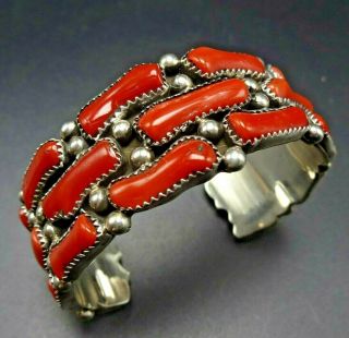 Lovely Vintage Navajo Sterling Silver Old Red Coral Cluster Cuff Bracelet 60g