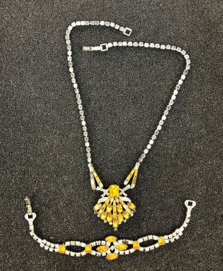 Vintage Signed Astra Clear Amber Color Rhinestone Statement Necklace Bracelet