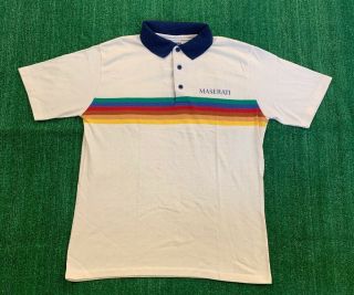 Vintage 80’s Maserati Polo Shirt Size L Rainbow Stripes Made In Usa Beige Single