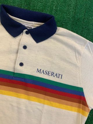 Vintage 80’s Maserati Polo Shirt Size L Rainbow Stripes Made In USA Beige Single 2
