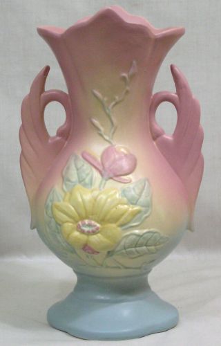 Vtg Hull Art Pottery Vase Magnolia W Swan Handles Usa 17 - 12 1/4 " Pink