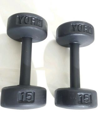 2 Vintage York Barbell 15 lb USA Stamped Round head Dumbbells Set Lifting Weighs 2
