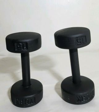 2 Vintage York Barbell 15 lb USA Stamped Round head Dumbbells Set Lifting Weighs 3