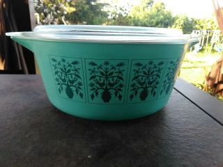 Vintage Pyrex Turquoise " Saxony " Tree Of Life Covered Casserole 21/2 Qt