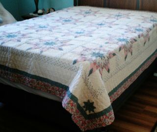 Vintage Hand Quilted Lone Star Quilt 83 X 83 100 Cotton Fabric
