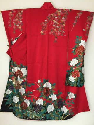 Vintage Japanese Silk Kimono Furisode,  Cherry Blossom,  Butterfly,  Red K1402