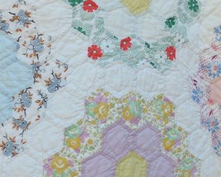 VTG Grandmother’s Flower Garden Cotton Feed Sack Quilt Hand Sewn Hexagons 94x68 11