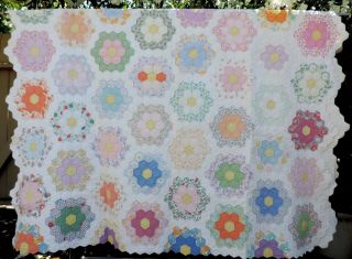 VTG Grandmother’s Flower Garden Cotton Feed Sack Quilt Hand Sewn Hexagons 94x68 2