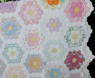 VTG Grandmother’s Flower Garden Cotton Feed Sack Quilt Hand Sewn Hexagons 94x68 3