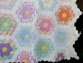 VTG Grandmother’s Flower Garden Cotton Feed Sack Quilt Hand Sewn Hexagons 94x68 6