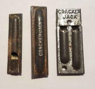Three Vintage Tin Whistles.  Two Cracker Jack & Small Made In Japan.