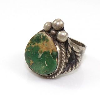 Early Sterling Silver Vtg Native American Green Turquoise Heavy Ring Sz 8 Ldj8