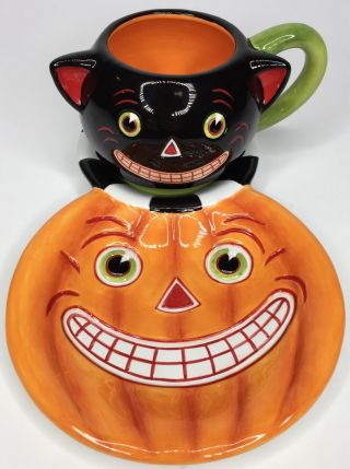 Rare Department 56 Vintage Halloween Black Cat & Pumpkin Snack Set Dept