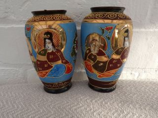 Vintage Japanese Pair Hand Painted Satsuma Porcelain Vases With Moriage / Raised