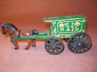 Cast Iron Horse Drawn Us Mail Green Wagon Toy