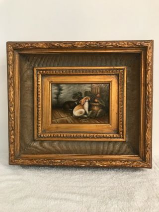 Antique Signed Oil Painting Rabbits In Heavy Gold Leaf Frame