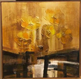 Vtg Mid Century Modern L Bondi Abstract Oil Painting Yellow Flower