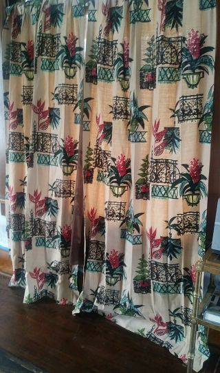 6 Panels Vintage BARKCLOTH Curtains Drapes 1950s Abstract Potted Plants. 2