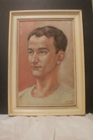 Vintage Oil on Canvas board Portrait Painting of Young Man Signed Fritz Ress ' 46 2