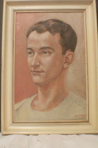 Vintage Oil on Canvas board Portrait Painting of Young Man Signed Fritz Ress ' 46 4