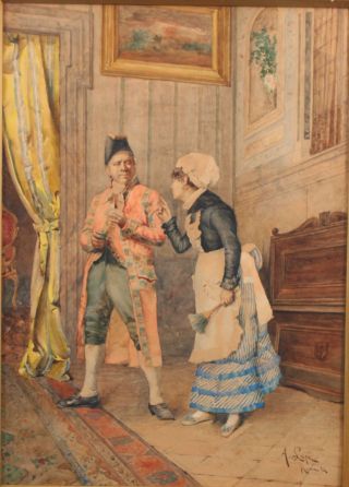Antique 19thC A Lupi Italian Watercolor Painting Aristocrat & Maid 3