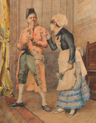 Antique 19thC A Lupi Italian Watercolor Painting Aristocrat & Maid 4