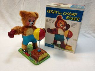 50s Yonezawa Teddy The Champ Boxer Vintage Battery Operated Tin Toy Japan Boxed