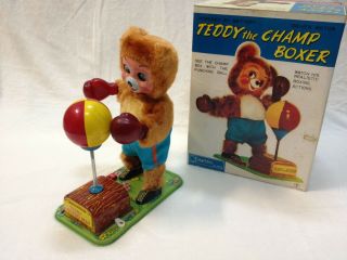50s Yonezawa Teddy The Champ Boxer Vintage Battery Operated Tin Toy Japan Boxed 2
