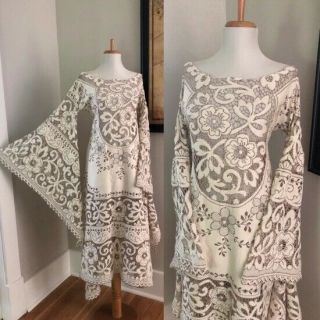 Vintage 70s Two Tone Boho Cut Out Hippi Crochet Lace Bell Slv Wedding Maxi Dress