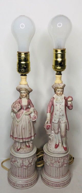 2 Vintage Pink Bisque Colonial Victorian French Man Woman Figurine Lamps Japan
