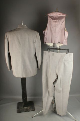 Vtg Men ' s 1950s 3pc Suit Jacket L - XL Pants 38x31 50s Gray Wool 7215 2