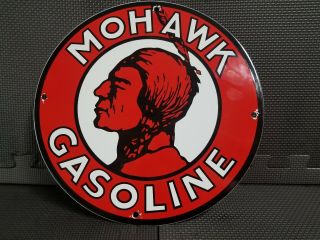 Vintage Mohawk Gasoline Porcelain Enamel Advertising Sign Gas Station Pump Plate