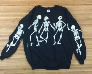 Vtg Jerzees Skeleton Skulls All Over Print Sweatshirt Fits Large Michigan Rag Co