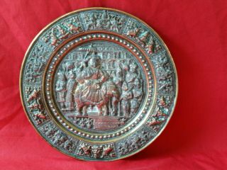 Antique Indian Brass Copper & Silver Plate Tray Wall Hanging Heavy Plaque 9.  3/4