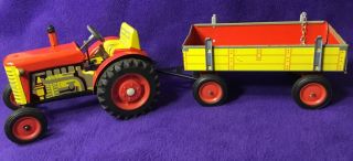 Vtg Kovap Zetor Red Tin Toy Wind Up Geared Tractor Trailer Metal No Key