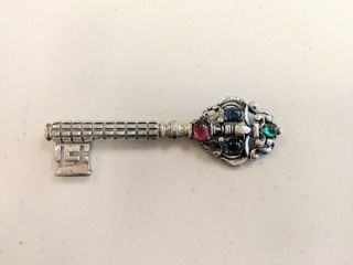 Rare Trifari Alfred Phillipe Key Silver Tone Brooch Pin With Colorful Cabochons