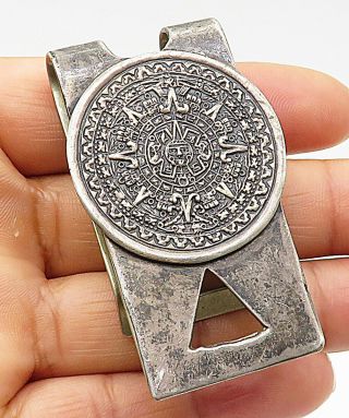 Mexico 925 Sterling Silver - Vintage Mayan Aztec Sun Calendar Money Clip - T1379